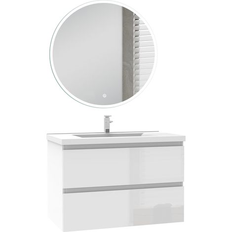 Ocean Ensemble de Meuble salle de bain 79cm blanc Haut Brillant, miroir led rond