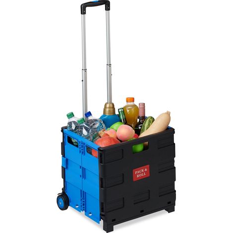 Set of 2 Relaxdays Folding Shopping Trolley, Telescopic Handle, 2 Rubber Wheels, Transport Cart, Aluminium, Blue