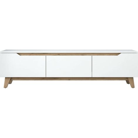 Dmora - Fernsehschrank Dguidoli, Ständer für Wohnzimmerfernseher, Niedriges Wohnzimmer-Sideboard, TV-Ständerbasis, 180x35h49 cm, Weiß und Walnuss (1/5)