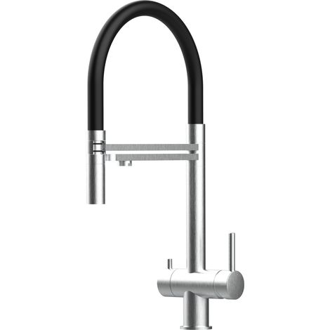 Rubinetto 3 vie miscelatore lavello cucina VIZIO in Acciaio INOX Spazzolato - Canna nera movibile e doccia due getti staccabile - ACCIAIO CHIRURGICO AISI 316 (1/5)