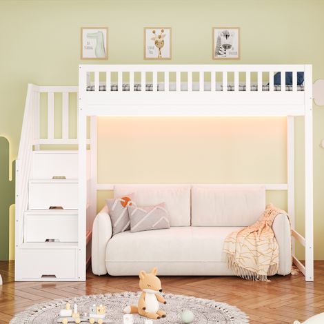 Lit mezzanine 90x200 cm bois pin naturel, échelle sécurité réversible, barrières, éclairage LED, pour enfant, bois massif pin, blanc (1/5)