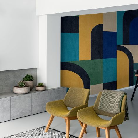 Papier peint graphique bleu block 159x280cm – Intissé facile à poser – Compatible tous murs – Dimensions 1,59x2,80m – Hxadeco (1/4)