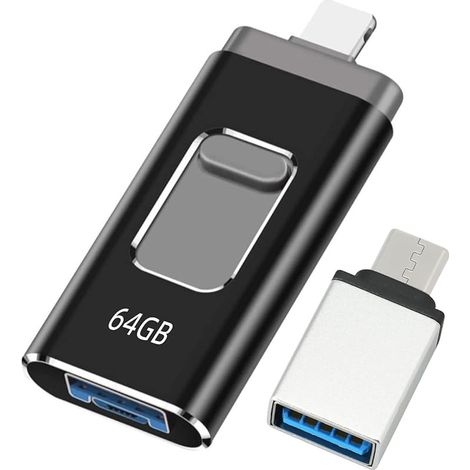 Clé USB pour iPhone 64Go, Certifiée MFi - Cle USB Lightnning 4 en 1 - Compatible iOS/Android/PC - USB 3.0 Haute Vitesse Branchez et Utilisez - pour Sauvegarde de Photos et Vidéos - Noir (1/5)