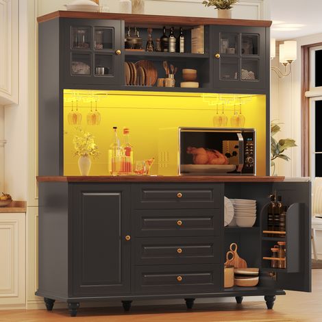 MODFU – Aparador alto de cocina 140x40x179,5 cm de MDF/metal con LED RGB, 4 cajones y portavasos, carga 60 kg – Negro (1/5)
