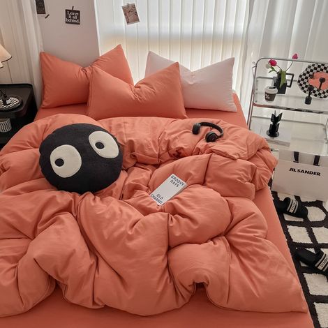 Ultra-weiche, gekräuselte Bettwäsche aus gewaschener Baumwolle im Leinen-Look – 4-teiliges Bettwäsche-Set mit Spannbettlaken für 180x200 cm Bett (Modell Romantisches Orange)-lsw