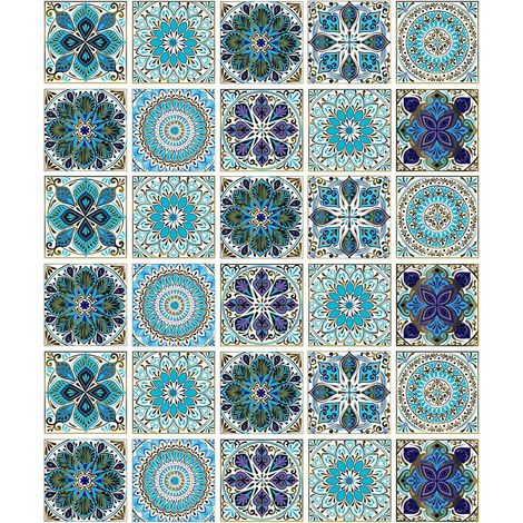 30 pièces Autocollants Carrelage Salle de bain et Cuisine 15x15 cm (Bleu) Autocollants Auto, Décoration Murale Adhésive en PVC, imperméable, Carreaux de ciment mosaïque (1/5)