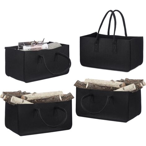 4er Set Filzkörbe, faltbar, flexibel, Griff, 27 Liter, Filz, Aufbewahrungskorb, HxBxT: 25 x 25 x 50 cm, modern, schwarz