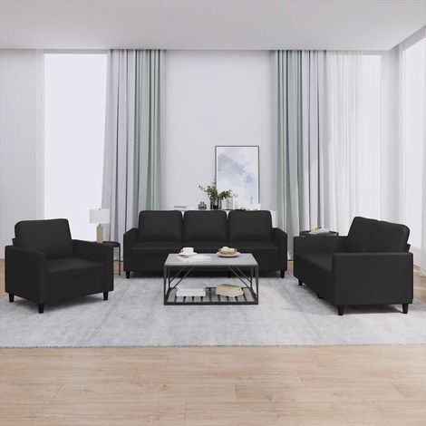 Ensemble canapé 3 pièces avec coussins en similicuir noir - PANGIVO (1/5)