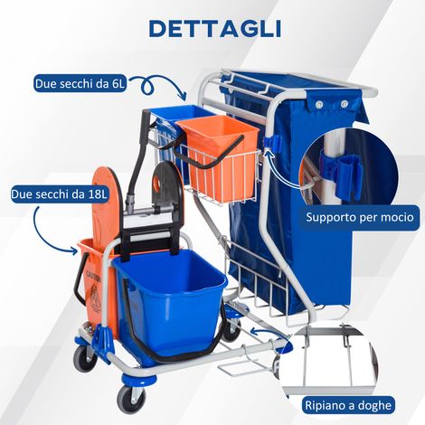 Chariot de ménage professionnel orange, 2 seaux de lavage 18L, 2 seaux de rangement 6L, presse-serpillière, crochet, roulettes, 93x80x97 cm, idéal pour hôtels (1/5)