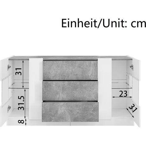Buffet élégant 2 portes 3 tiroirs – Façades blanches laquées brillant, effet marbre gris, éclairage LED 16 couleurs, 140 x 35 x 75 cm (1/5)
