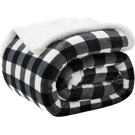 Büffel-Sherpa-Decke, schwarz-weiß kariert  Karierte Flanell-Fleecedecke für Schlafsofa  Weiche und warme Mikrofaserdecke  50 x 60 cm