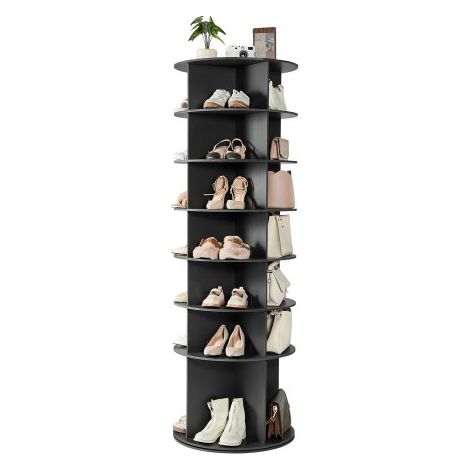 Zapatero, Armario para 28 Pares de Zapatos, 7 Estantes y 4 Compartimentos, Giratorio 360°, Ahorra Espacio, Ideal para Dormitorio, Sala de Estar o Recibidor, Color Negro, 598 x 598 x 1805 mm (1/5)