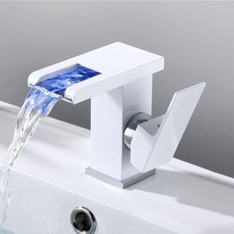 Robinet Cascade LED Lavabo Salle de Bain Poignée Unique RVB Automatique Blanc (1/4)