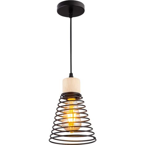 Suspension vintage pour table à manger - En métal et bois - Rétro - Noir - Réglable - Moderne - Pour salle à manger, cuisine, salon, bar, restaurant - Diamètre : 15 cm (1/5)