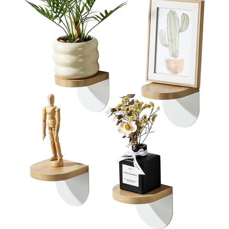 Petite Etagere Murale Bois sans Percage Tablette Murale, 4 Pcs Blanc Étagère Murale Adhésif en Bois Rustique et Métal, Mini Tablette Flottantes à Petits Objets pour Chambre, Salon (1/5)