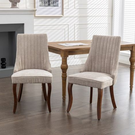 Sedie da pranzo in lino floccato con tessuto di rayon, sedia da cucina con canale, comoda sedia d'accento imbottita in tessuto per sala da pranzo con gambe curve in legno massello, set da 2 (beige), D