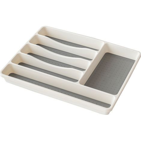 Range-couverts 6 compartiments pour tiroir cuisine – Rangement optimisé 41 x 33 x 5 cm – Couche antidérapante – Blanc/Anthracite (1/5)