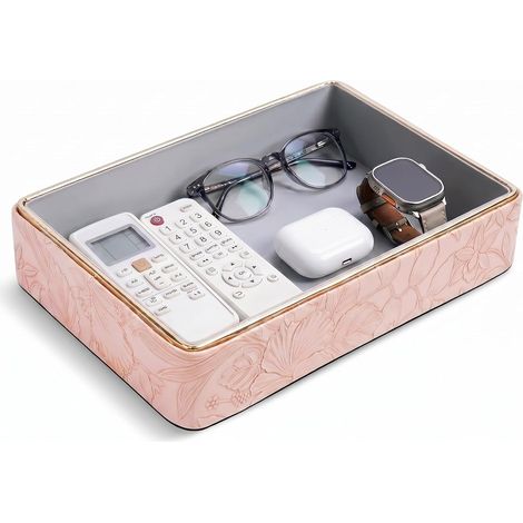Plateau de valet en cuir synthétique, plateau de rangement de bureau, table de chevet, rangement de la vaisselle, des clés, plateau décoratif pour téléphone, portefeuille, bijoux, montre (1 rose (1/5)