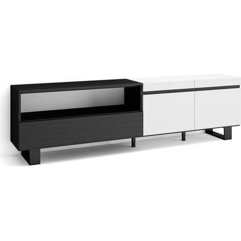 Meuble TV Banc Télé Grand Espace de Rangement 200x57x35cm pour Les TV jusqu'à 80" Design Industriel Style Moderne Blanc et Noir (1/5)