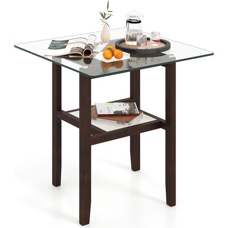 Table d’Appoint Carrée en Verre de 61 cm, Table Basse à 2 Niveaux avec Etagère de Rangement et Cadre en Bois d'Hévéa (1/5)