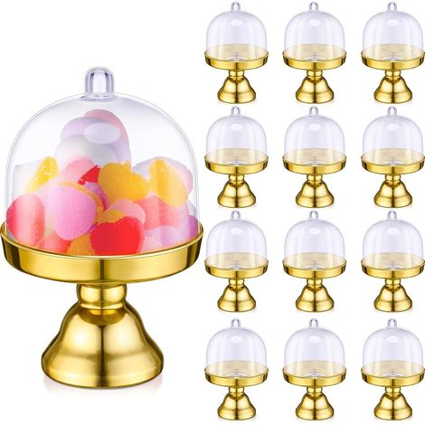 24 mini-plateaux à gâteau transparents dorés avec dôme pour pâtisseries, anniversaires, mariages et événements festifs (1/5)