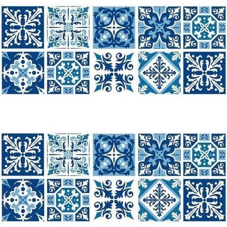 Lot de 2 autocollants carrelage mural 15×15cm – PVC étanche style porcelaine bleu et blanc – Pour cuisine et salle de bain (1/4)