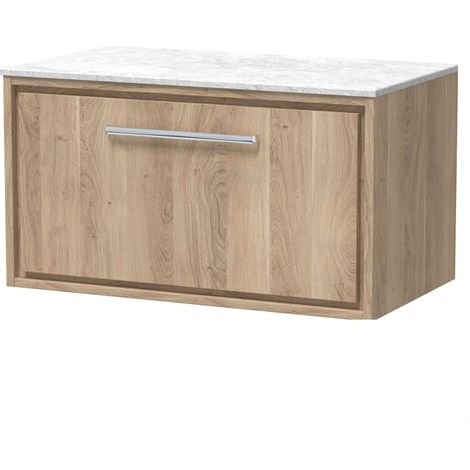 Longnor 1 Drawer Wall Hung Vanity Unit with White Marble Worktop, Light Oak, 800mm