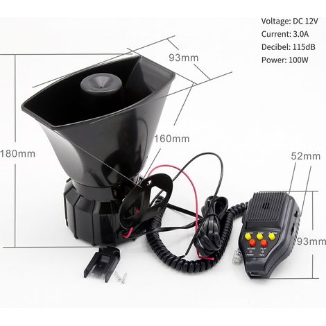 Altoparlante sirena per auto con funzione di registrazione, clacson a 3 toni da 12 V 100 W e sistema microfonico PA con controllo della funzione, del volume e indicatore di stato di accensione/spegnim (1/5)