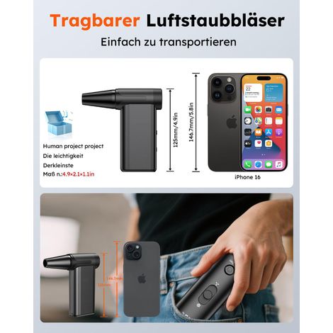 Elektrische Staubgebläse Druckluftspray für PC Reinigungsset, 100000 RPM Compressed Air Duster, 4-Gang Air Duster Luftdruckspray mit 4000mah Akku, Tastatur Reinigung für PC, Elektronik, Sofa, Auto