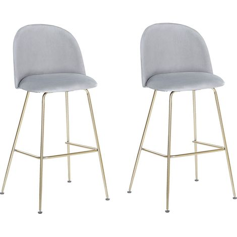 Beliani – Lot de 2 chaises hautes de bar en velours gris – Pieds en acier doré – Hauteur 114 cm – Confort et élégance pour cuisine ou salon (1/5)