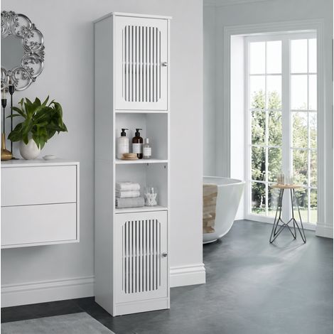 Armoire de salle de bain 163x36x30 cm en MDF blanc, avec rangement gain de place FloraGrace (1/5)