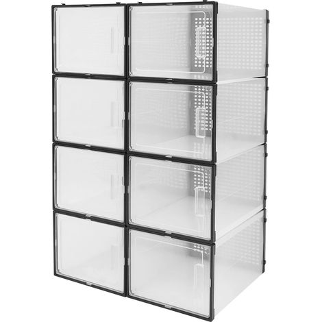 Lot de 8 boîtes à chaussures, empilables, pliables, en plastique transparent, adaptées aux petits espaces, dortoirs, pour ranger chaussures, ceintures, écharpes, chaussettes (noir)