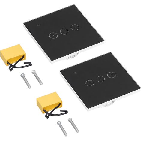 Ortviai Interrupteur intelligent WiFi 3 voies tactile et vocal, 2 pièces, noir, compatible Tuya, 95-240 V (1/5)