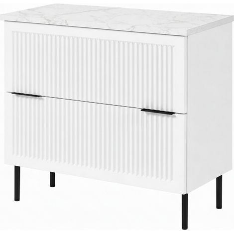 Meuble sous-vasque sur pieds 80 cm, 2 tiroirs, avec plan de travail, Blanc / Plan Marbre, poignées noires, pieds noirs, 80 x 46 x 73,6 cm (1/5)