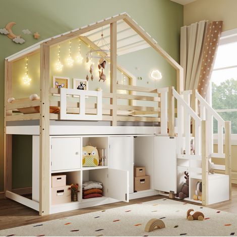 Lit mezzanine en pin blanc et naturel 90x200 cm avec rangements, échelle de rangement et structure maison (1/5)