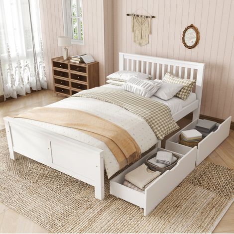 Bett 140x200 cm klassisch in Massivholz Weiß mit Gitter-Kopfteil und 2 Schubladen (1/5)