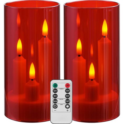 Lot de 2 Bougies LED Rouges - 3 Mèches Réalistes - Avec Télécommande et Minuteur - Décoration Intérieure et Mariage - Sans Flamme (1/5)