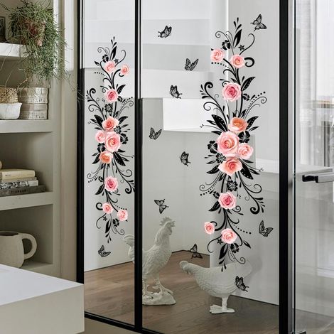 Fensteraufkleber Blumen Wandaufkleber Rosa Schwarze Blumen Dekoraufkleber Wohnzimmer Badezimmer Küche Babyzimmer Dekoration