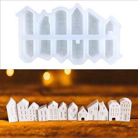 Moldes de silicona para casas, 12 mini moldes de silicona para casas, moldes de silicona navideños, yeso para hacer coronas de casas, moldes de yeso con hormigón creativo, resina para moldear