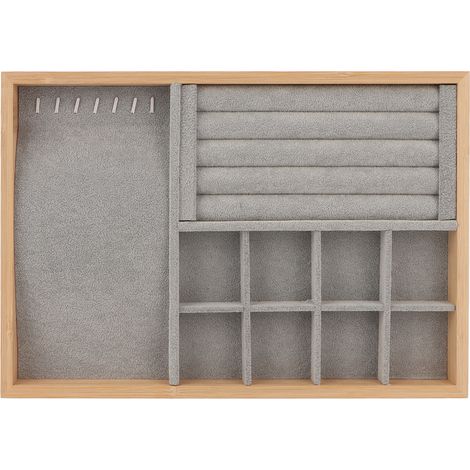 Écrin de rangement bijoux multi-usage 3 compartiments, plateau de présentation pour bagues, boucles d'oreilles, bracelets, colliers, gris (1/5)