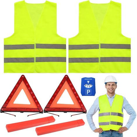 2 Pièces Triangle de Signalisation, 2 Pièces Gilet Jaune et Un Disque Bleu de Stationnement, Triangle et Gilet Jaune pour Voiture Kit de Sécurité Routière (1/5)