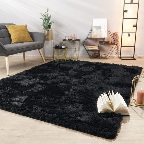 Teppich Wohnzimmer Hochflor Langflor Weich Soft Modernes Einfarbiges Design 60 cm x 100 cm x 37 mm Schwarz Rechteckig (1/5)
