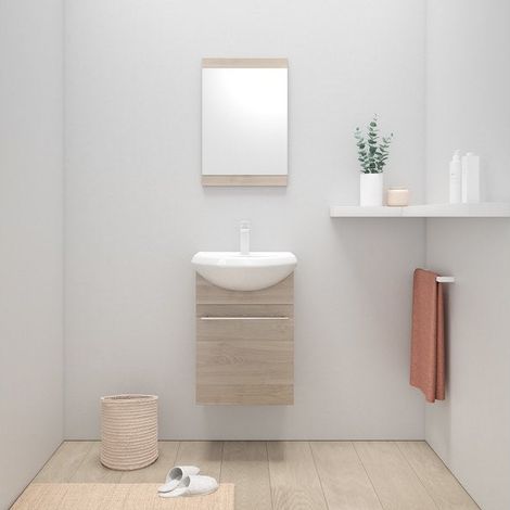 Meuble simple vasque 42 cm – Imitation bouleau – Aggloméré – Fixation murale – Avec miroir – Frein de chute