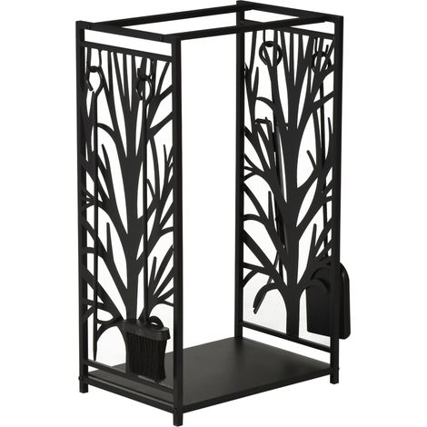 HOMCOM Kaminholzständer mit Kaminbesteck, Brennholzregal, Feuerholzablage, Kaminwerkzeug, Stahl Schwarz 46 x 29 x 70 cm (1/5)