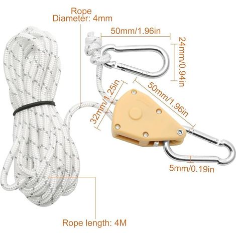 Stück verstellbares Ratschenseil 4 m, weiße 1/8-Zoll-Ratschenrolle mit 2 Ersatzhaken, reflektierender Ratschenseilspanner für Lampen, Pflanzen, Zelte und zum Wandern (1/4)