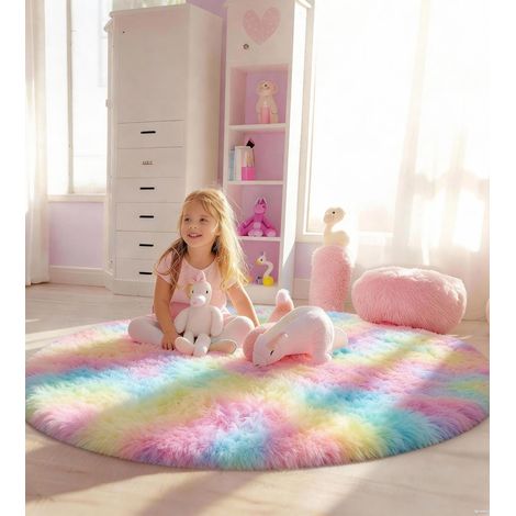 Tapis Rond 100 CM Arc-en-Ciel Tapis Chambre Fille Lavable Antidérapant Ultra-Doux Moelleux Grand