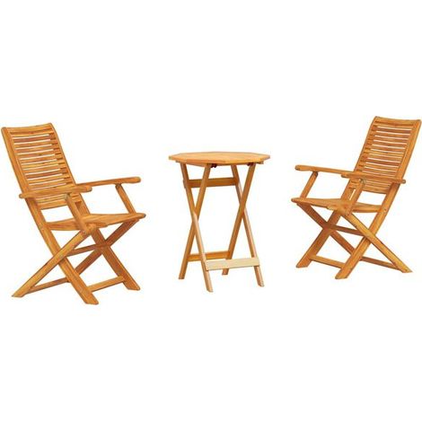 Ensemble table et chaises pliantes trois pièces, marron, en bois d'acacia massif. (1/5)