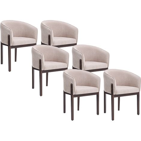 Lot de 6 chaises en tissu texturé et bois d'hévéa naturel foncé - Beige - LYLABA (1/4)