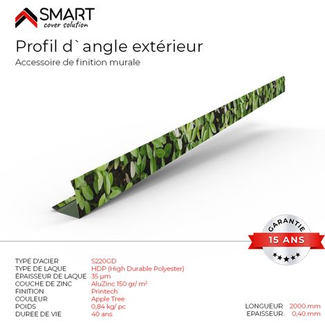 Profil d`angle extérieur Tôle bac acier - Toiture - Couverture - plaque H12 Coloris Apple Tree Printech L=2m (1/2)