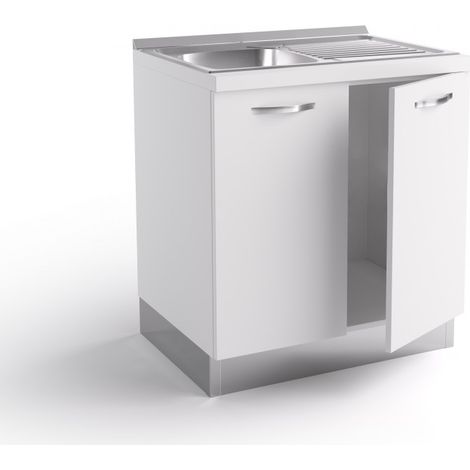 Abitare – Base d'évier de cuisine 80x60x84 cm en bois blanc mat – Évier en acier inoxydable avec bassin et égouttoir – 2 portes chromées